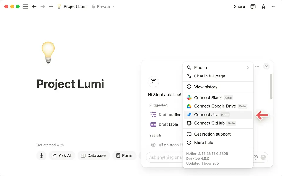 Pour connecter JIRA, cliquez sur le menu à trois points en haut à droite de la fenêtre de discussion de l’IA de Notion.